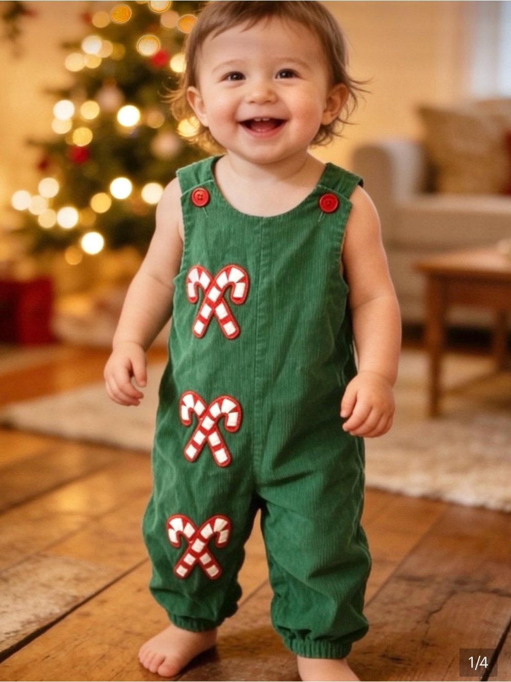 Zuccini Kids 24 Month Green Xmas Candy Cane Appliqué Kids Corduroy Romper
